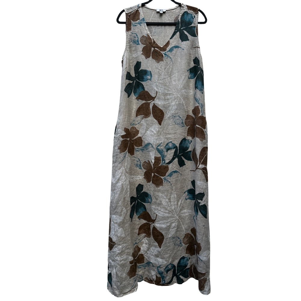 Kaktus 100% Linen Floral Maxi Dress Small Boho Lagenlook Relaxed Coastal Neutral